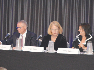 Fonterra chair Peter McBride, Anya Wicks, director governance, risk and audit and outgoing director Leonie Guiney at the AGM last week.