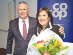 Fonterra chair Peter McBride with Leonie Guiney, who retired after serving nine years on the board.