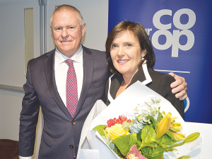 Fonterra chair Peter McBride with Leonie Guiney, who retired after serving nine years on the board.